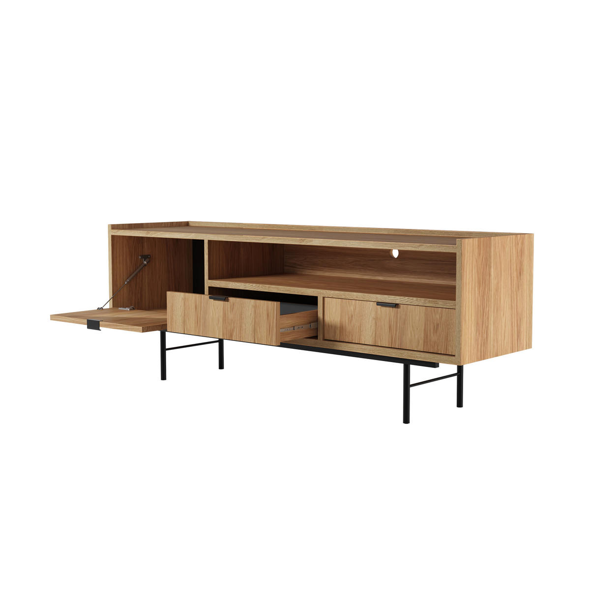 WOHNWAND Evron Kommode 150 cm TV-Board 150 cm Bücherregal 90 cm, Hikora Eiche - Eichefarben/Schwarz, Holzwerkstoff/Metall (150/90/40cm) - Beautysofa