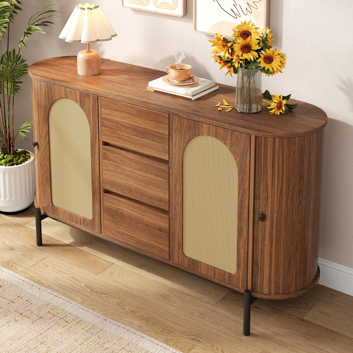 SIDEBOARD oval Rattan Holzoptik - Walnussfarben, Holzwerkstoff (140/77.5/38cm)