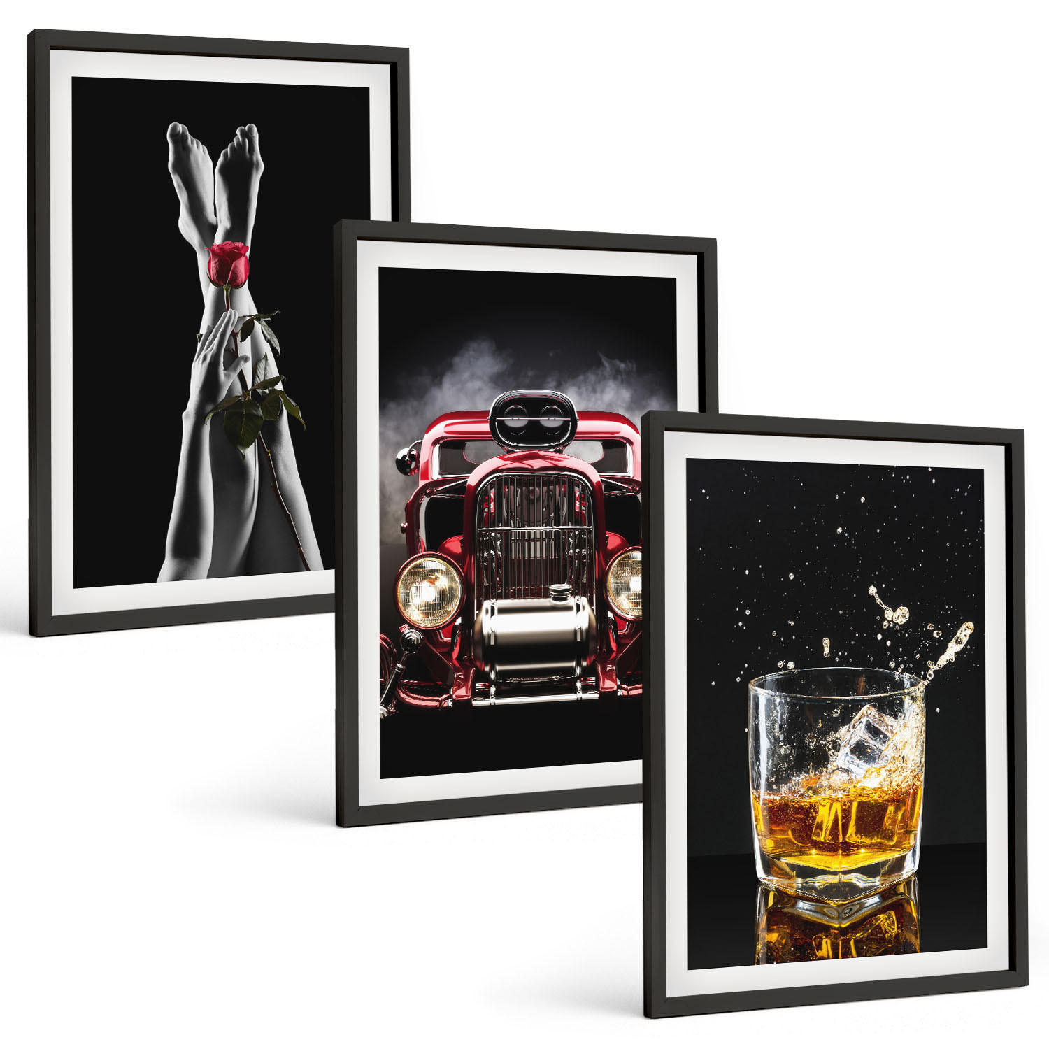 BILDER SET 3er Set - 40x60 cm Schwarzer Rahmen - Frauenbeine Rosenauto Whisky - Schwarz, Kunststoff (40/60cm) - TULUP