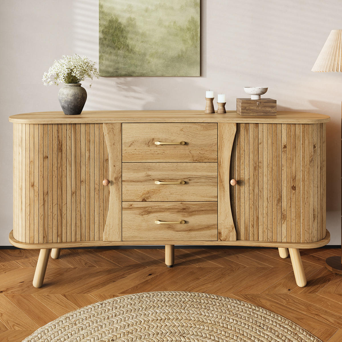 SIDEBOARD Skandi Holzoptik Schiebetüren Schubladen MDF - Honigeiche, Holzwerkstoff (36.5/75/150cm) - FLIEKS