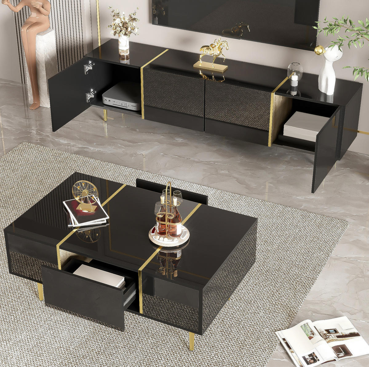 COUCHTISCH aus MDF 100x60x41,5 cm in Schwarz Hochglanz mit 2 Schubladen - Schwarz, Holzwerkstoff (100/60/41.5cm) - Modfu