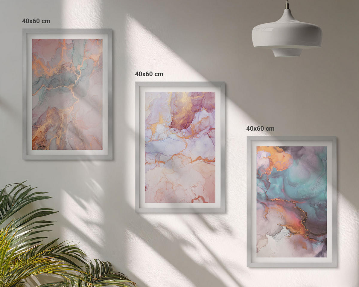 WANDBILDER 3er Set - 40x60 cm Silberner Rahmen - Abstrakte Pastellmuster - Silberfarben, Kunststoff (40/60cm) - ArtPrintCave