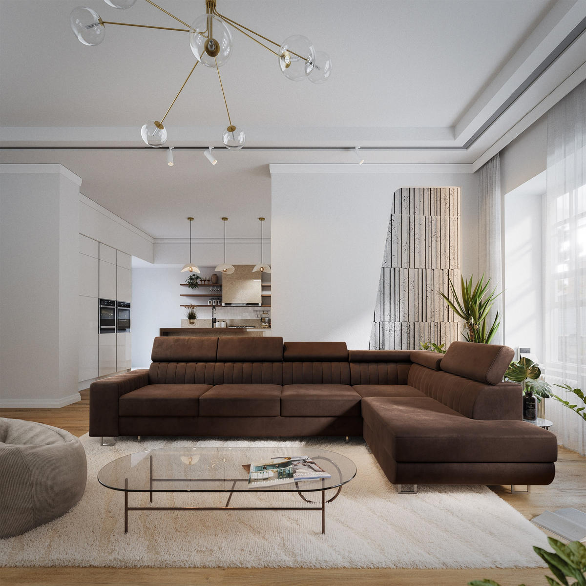 ECKSOFA HESTION Braun Velours-Stoff mit Schlaffunktion - Braun, Holz (332/190cm) - MASSENO