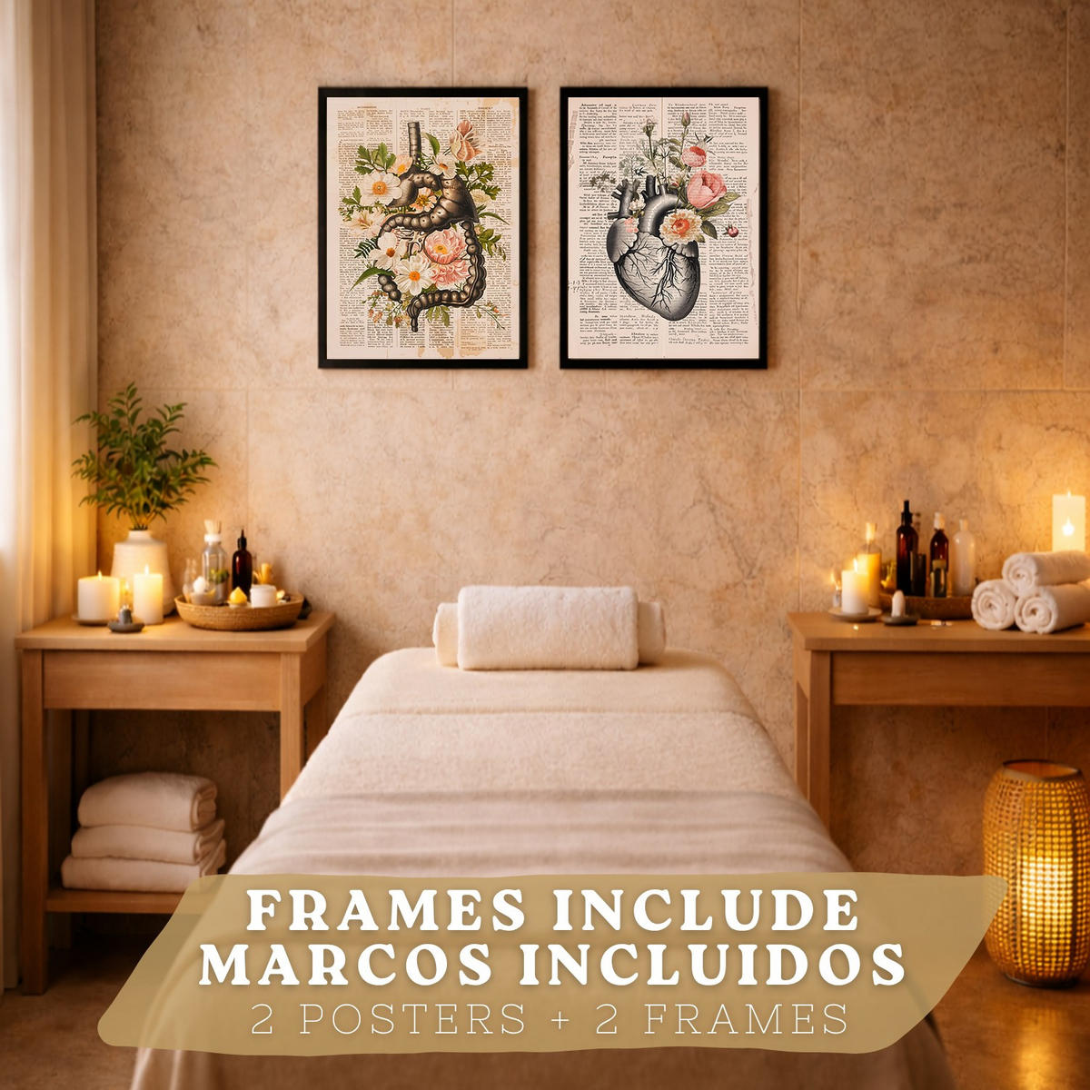 POSTER Set aus 2 Anatomie Mensch Drucke und Wandbilder mit Verdauungssystem Darm und Herz Klassisches Florales Design Größe Schwarzer Rahmen A4 - Schwarz, Papier (21/29.7/3cm) - Nacnic