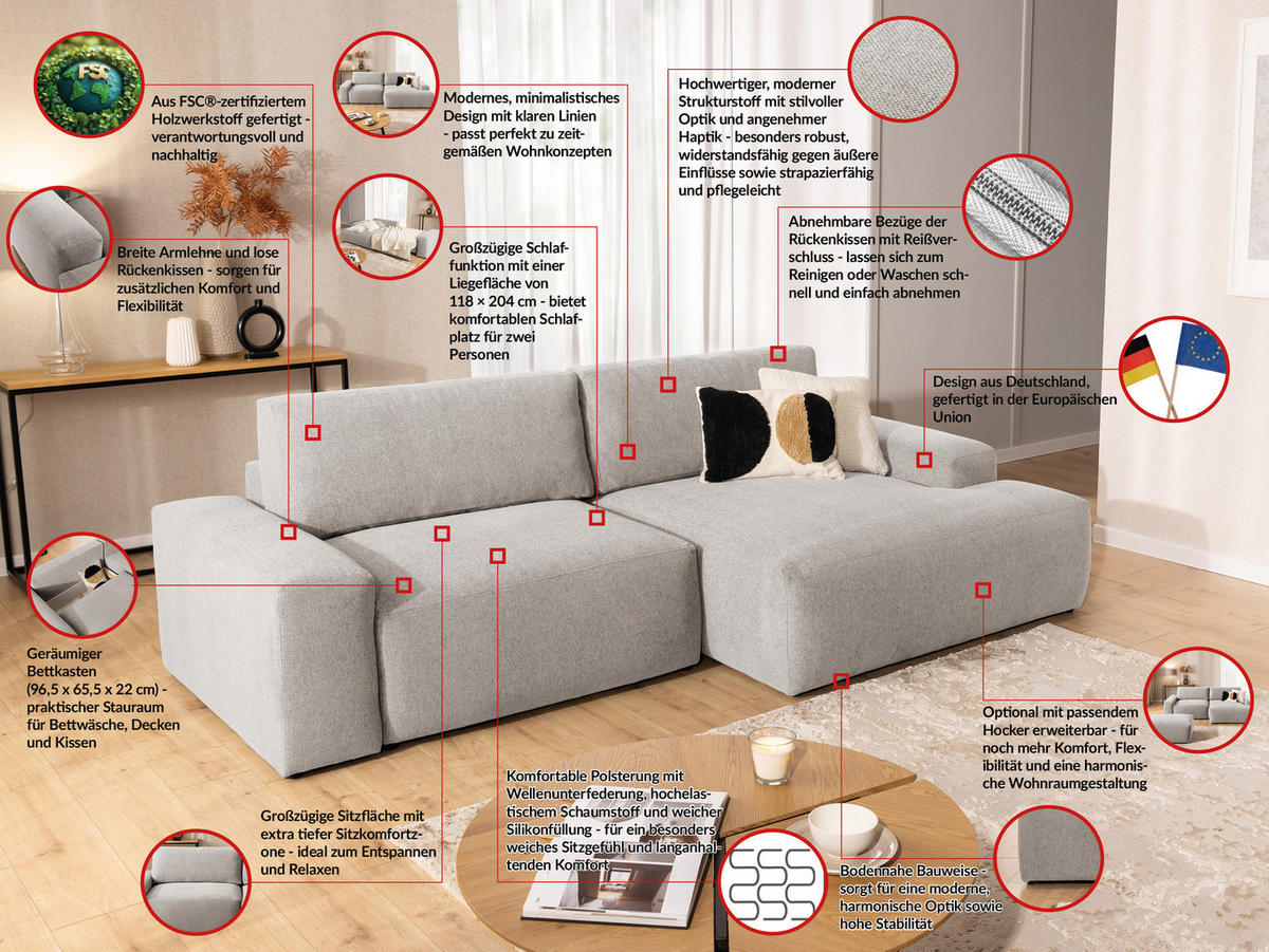 ECKSOFA Lennon aus Beige Strukturstoff mit Schlaffunktion und Bettkasten - Beige/Schwarz, Holz/Kunststoff (264/137cm) - S-Style