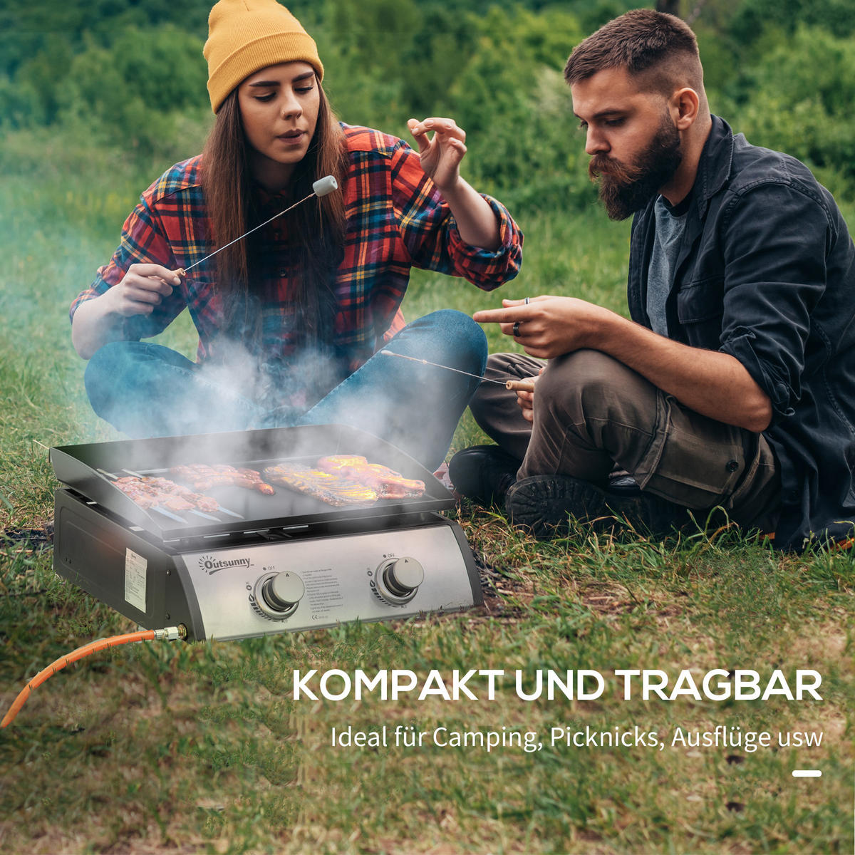 GASGRILL BBQ mit 2 Brennern, Edelstahl+Metall, Silber, 48,5 x 46 x 21 cm - Silberfarben, Metall (46/21/48.5cm) - Outsunny