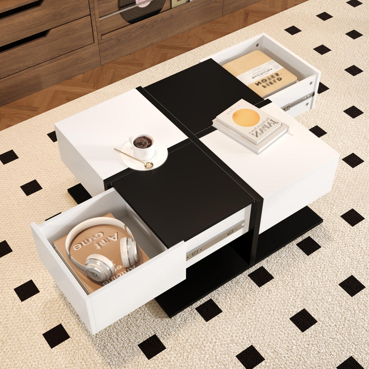 COUCHTISCH 70cm Schwarz Weiß 2 Schubladen Hochglanz modern - Multicolor, Holzwerkstoff (70/70/35.5cm) - FLIEKS