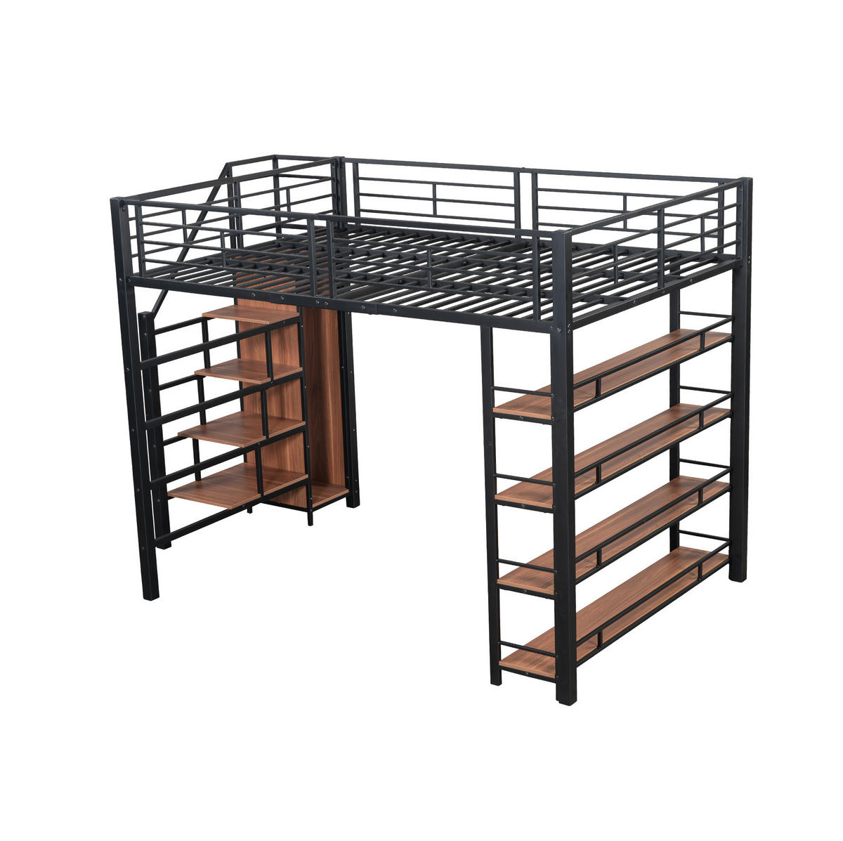 HOCHBETT aus Metall 140x200 cm Schwarz mit Stauraumtreppe, Garderobe und Regalen - Schwarz, Metall (140/200cm) - Modfu