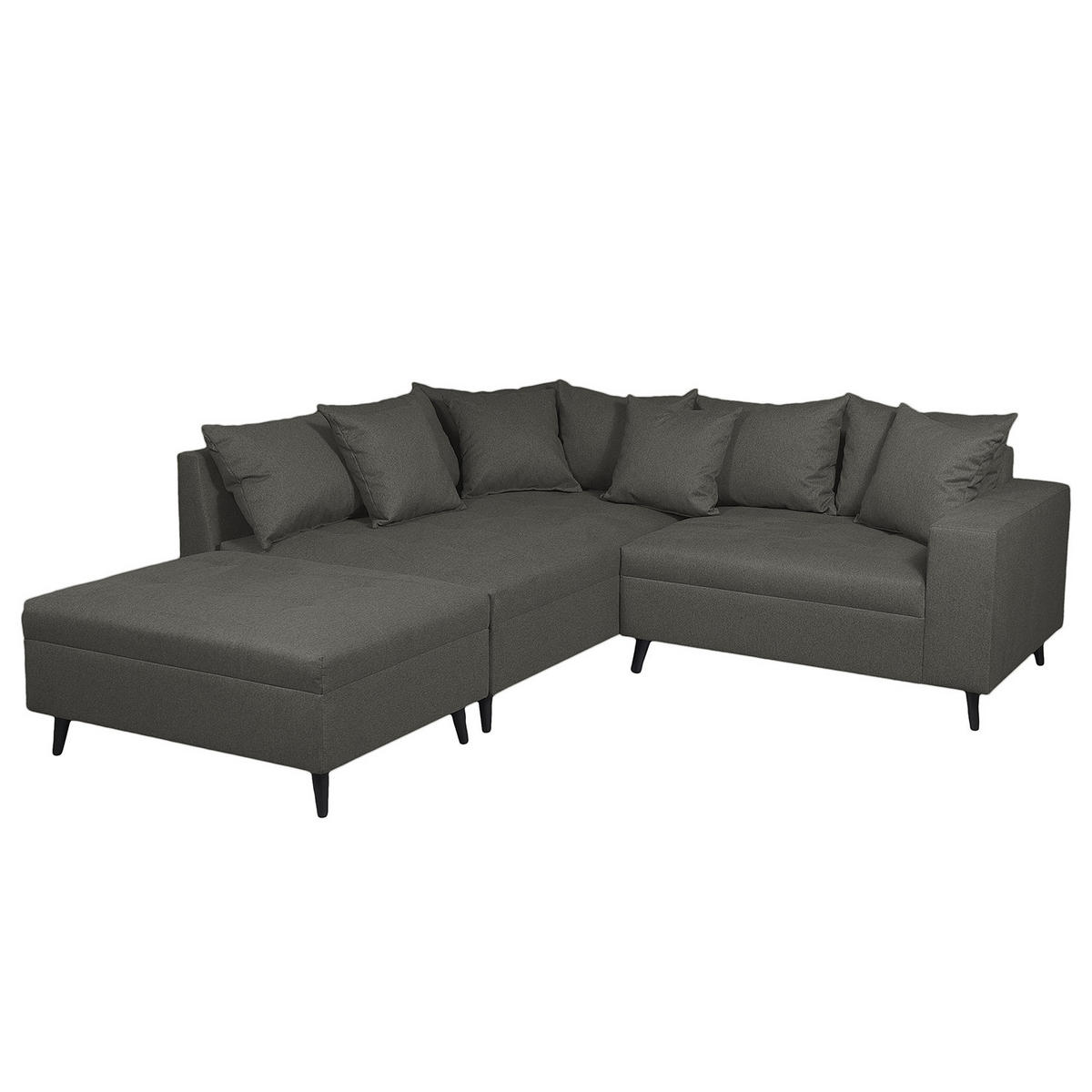 ECKSOFA mit Ottomane und Hocker - Schwarz/Grau, Birkenholz/Textil (247/174cm) - home24