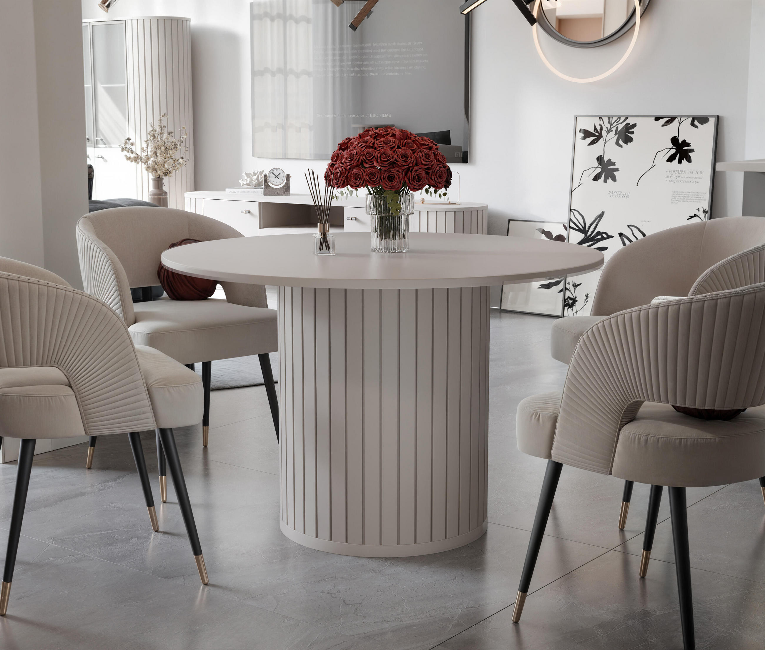 ESSTISCH rund mit geriffeltem Sockel, Cashmere - Creme, Holzwerkstoff (120/120/75cm) - Idohome