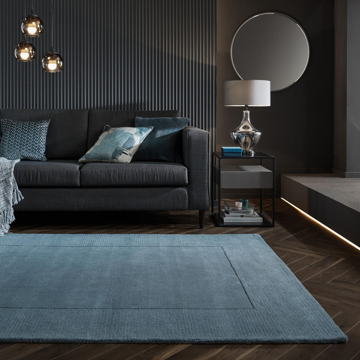 WOLLTEPPICH Uni-Design, mit Randdetails, handgewebt MOLE - Blau, Textil (170/120cm) - KADIMA DESIGN
