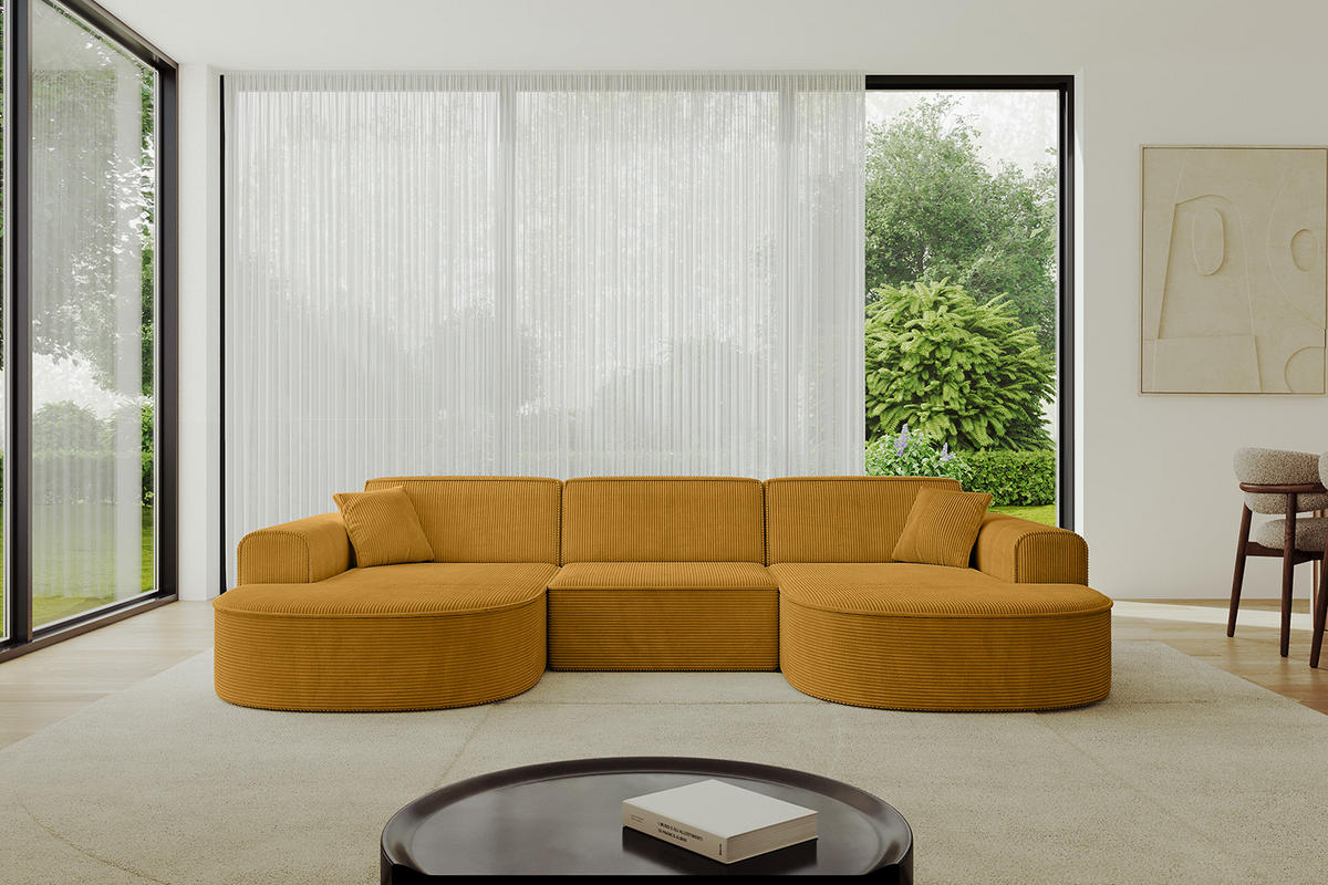 WOHNLANDSCHAFT MARI-U1 - 295x163x73,5 cm Senfgelb Cord - Gelb/Schwarz, Holzwerkstoff/Kunststoff (295/73.5/163cm) - ALTDECOR