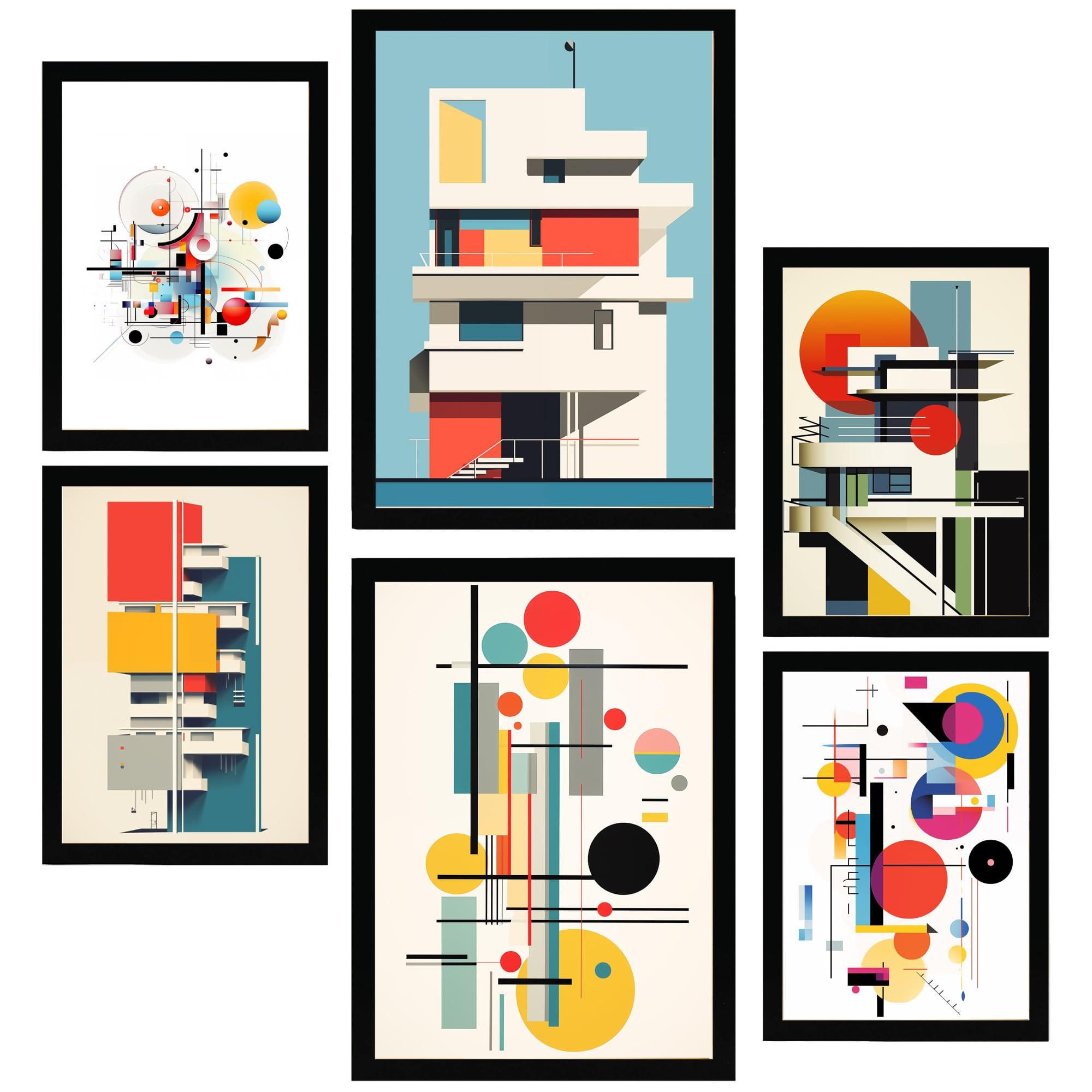 POSTER Set Mit 6 Bauhaus Dekonstruierte Architektur A3 & A4 Schwarzer Rahmen - Schwarz, Papier (29/3cm) - Nacnic