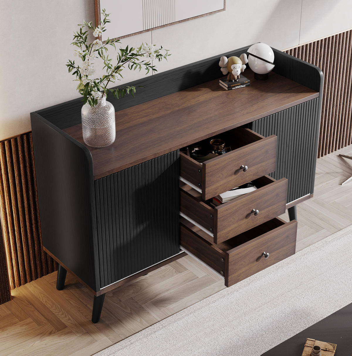 SIDEBOARD 117,5/40/80 cm aus Holzwerkstoff mit Schiebetüren und 3 Schubladen Schwarz/Holzfarben - Schwarz, Holzwerkstoff (117/80/40cm) - Modenvie