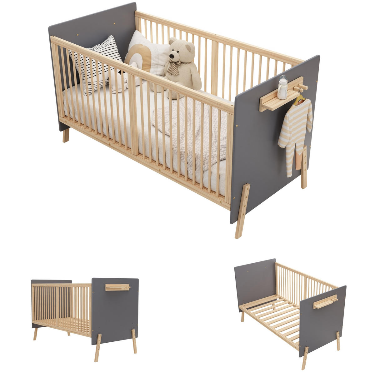 KINDERBETT Babybett 70/140 cm aus massivem Fichtenholz mit 3-facher Höhenverstellung Blaugrau/Natur - Blau, Holz (70/140cm) - Modenvie