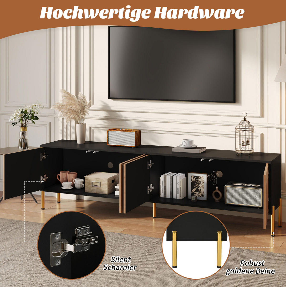 LOWBOARD 179/35/53.5 cm Schwarz/Natur aus Spanplatte mit grifflosen Türen - Hellbraun, Holzwerkstoff (35/53.5/179cm) - OKMYHOME