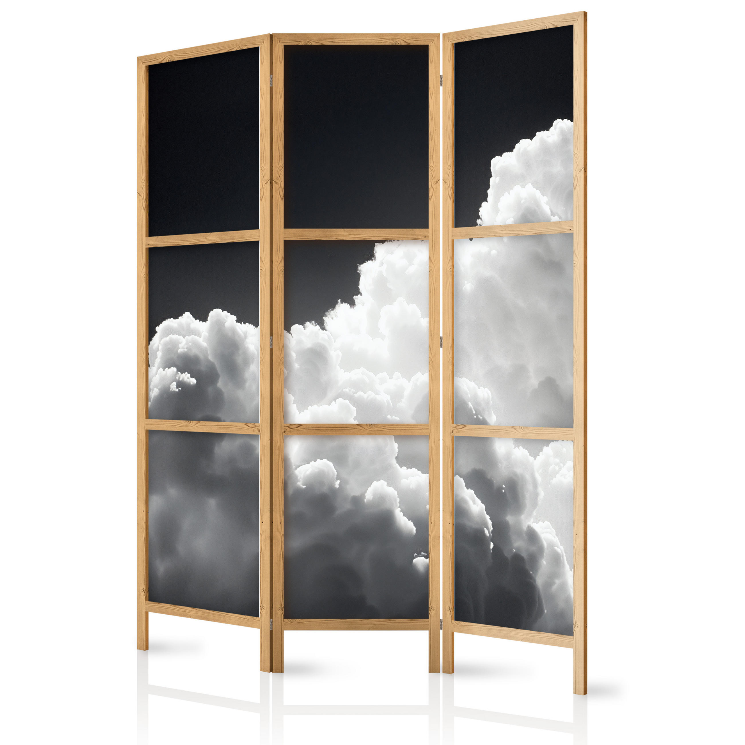 PARAVENT Japanischer 3-tlg 135x172 cm Schwarz-Wei e Wolken - Grau, Holz/Textil (135/172/3cm) - Muralo
