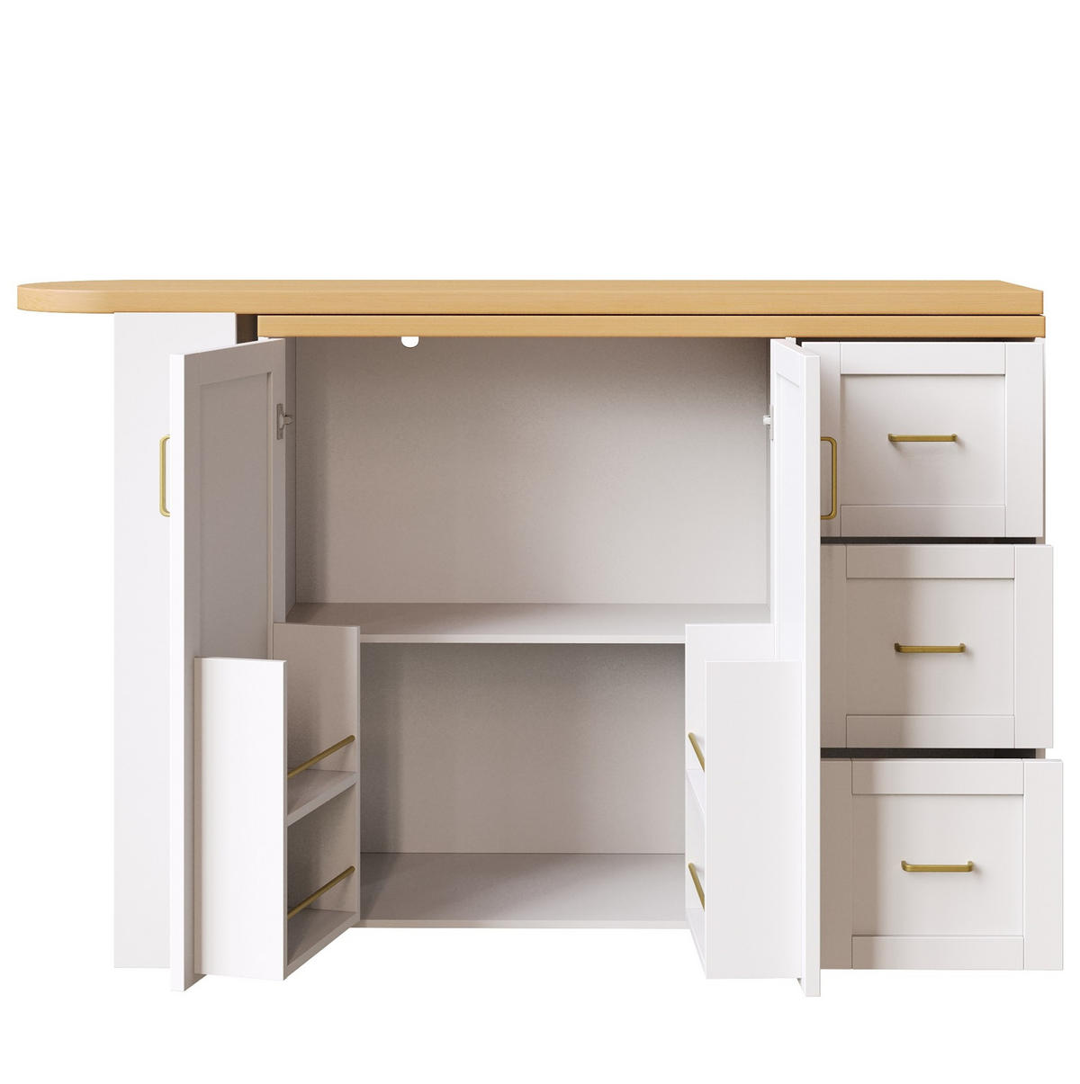 KÜCHENINSEL aus MDF 135-228x39x104 cm Weiß mit 2 Türen, 3 Schubladen, Rollen und ausziehbarer Arbeitsplatte - Weiß, Holzwerkstoff (39/104/135cm) - Modfu