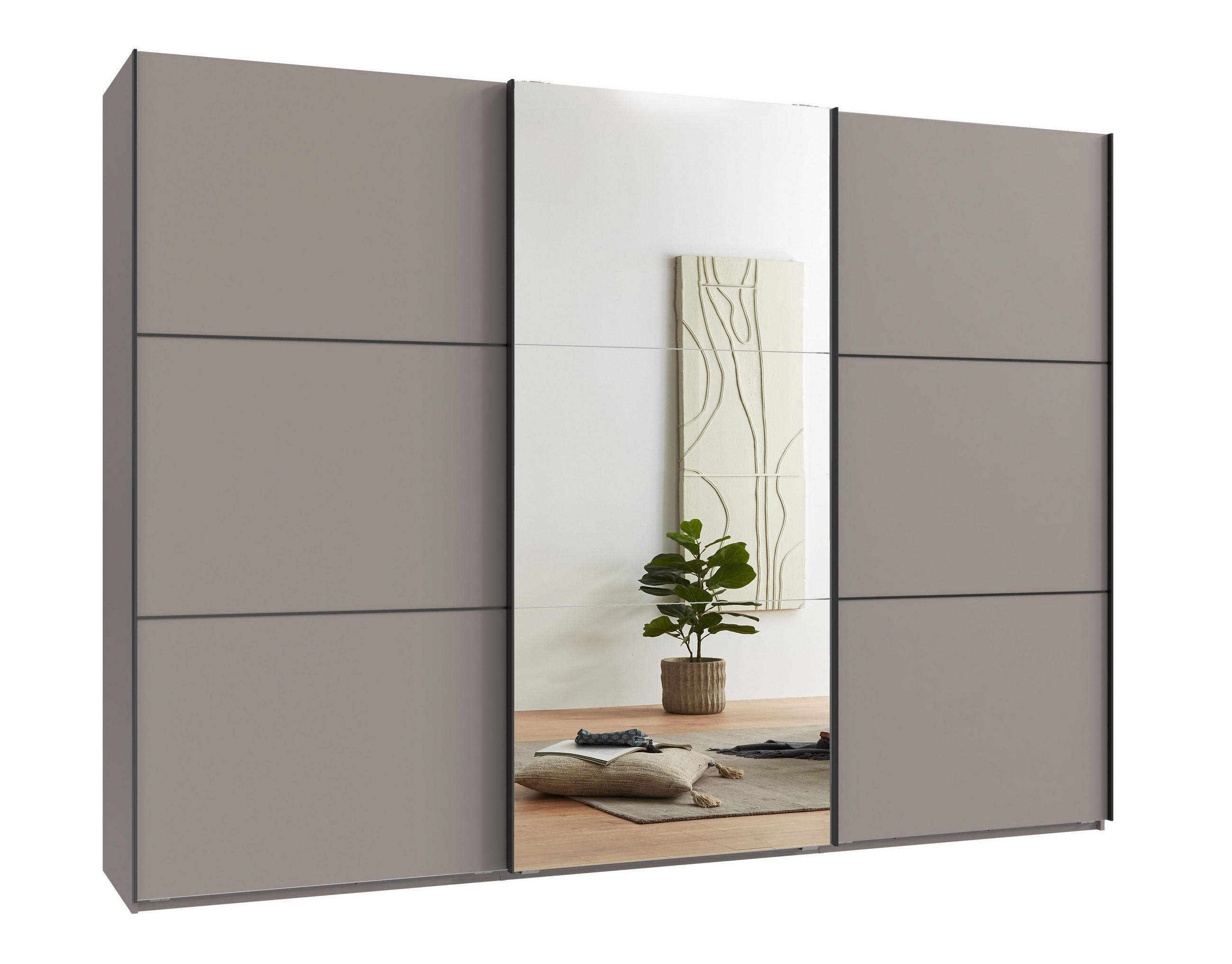 luma-home SKŘÍŇ S POSUVNÝMI DVEŘMI, 3dveřová, 300 × 216 × 65 cm (Š×V×H), v pískově šedé barvě, s jedněmi zrcadlovými dveřmi, včetně kompletního vybave