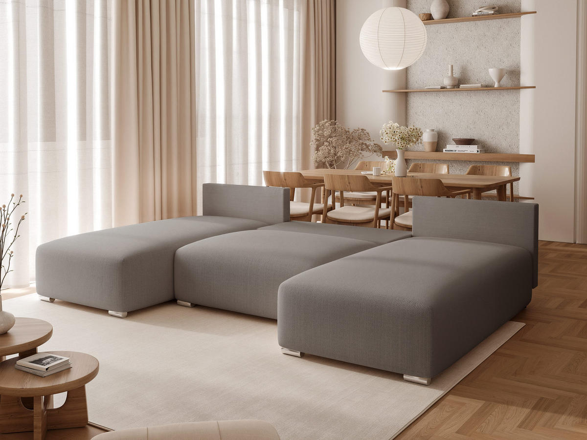 WOHNLANDSCHAFT ELVO mit Schlaffunktion und Bettkasten Grau - Grau, Holzwerkstoff/Kunststoff (300/91/190cm) - Idohome