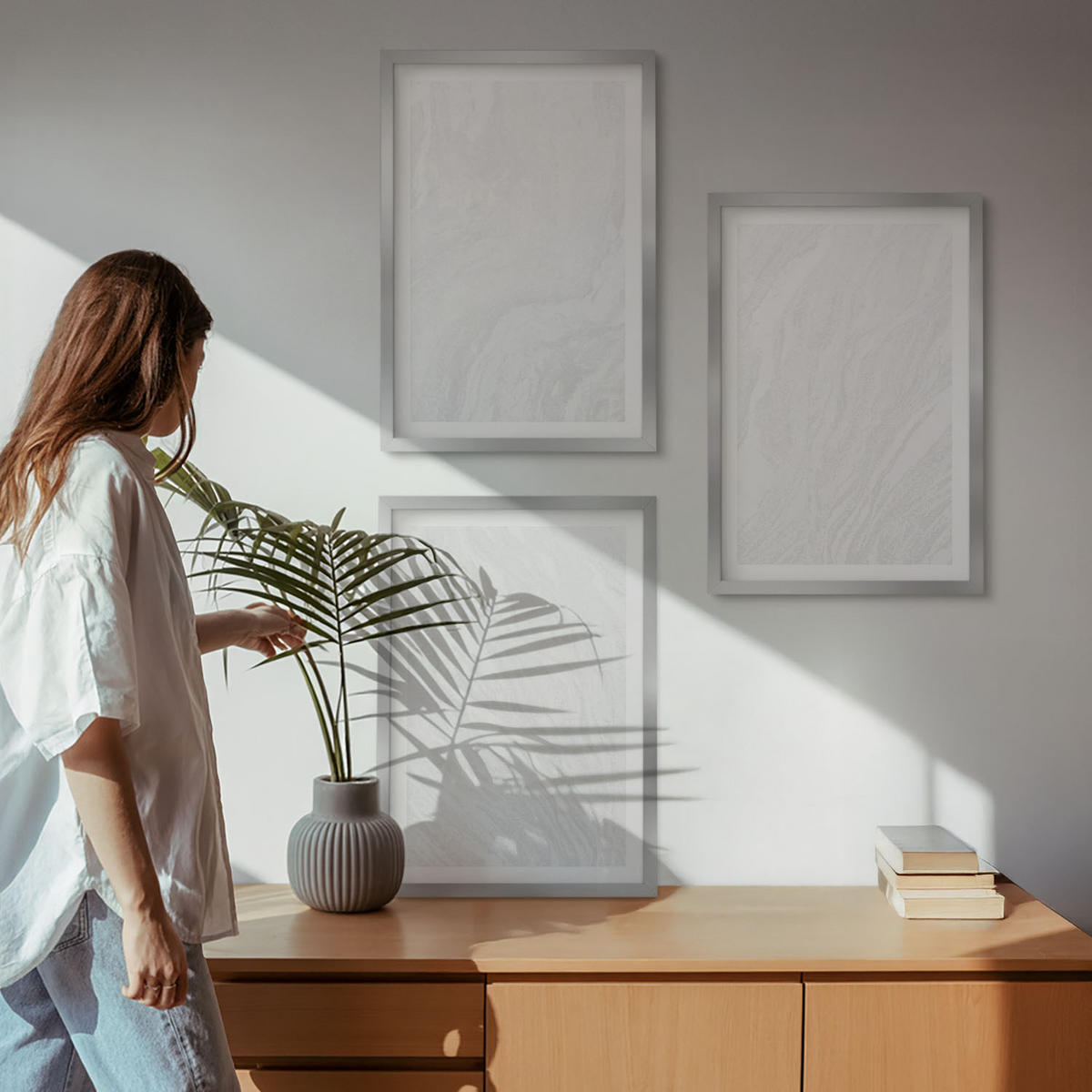 WANDBILDER 3er Set - 40x60 cm Silberner Rahmen - Elegante Marmorstruktur - Silberfarben, Kunststoff (40/60cm) - ArtPrintCave