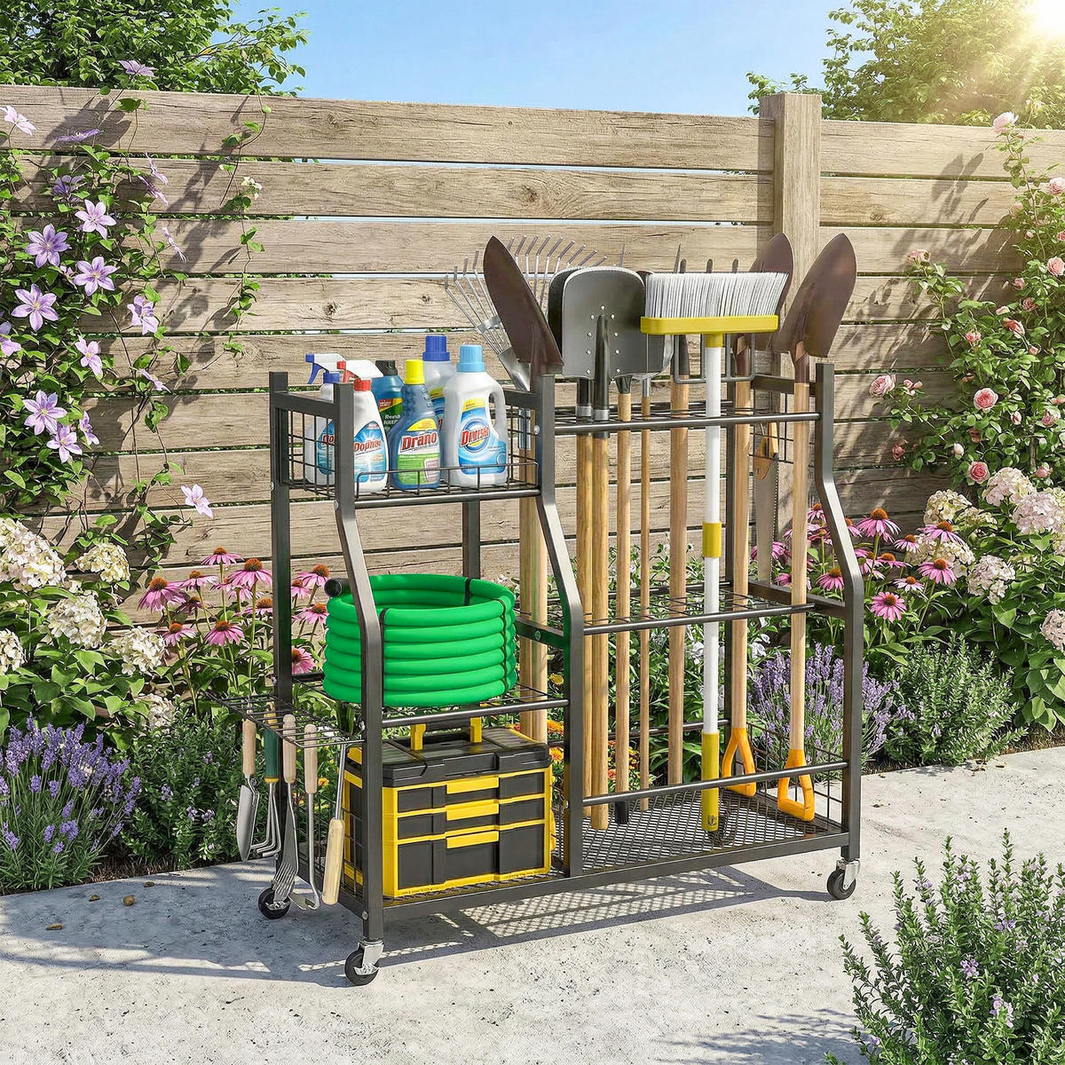 GARTENREGAL DE-13867 3-stufig mit Rollen und Haken Schwarz - Schwarz, Metall (40/95/104cm) - ComfortXL