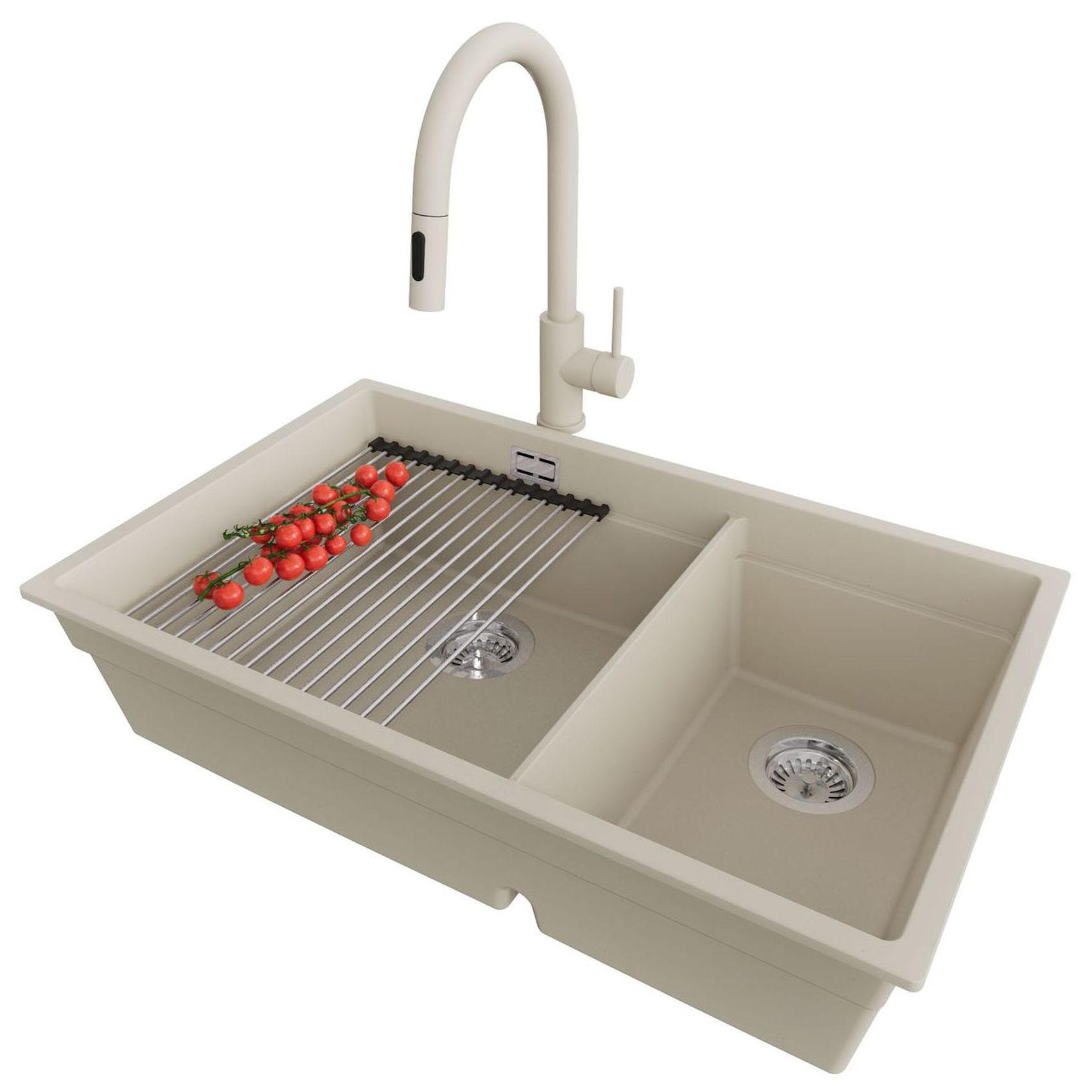 GRANITSPÜLE Praga Slim Duo, 2-er set Beige 76/47 cm 2 Becken + Küchenarmatur 40/20 cm + Ablauf-Set + Aufrollbare Abtropffläche ab 80er Unterschrank - Chromfarben/Beige, Kunststoff (76/20/47cm) - Primagran