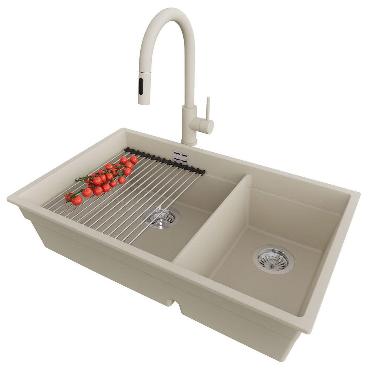 GRANITSPÜLE Praga Slim Duo, 2-er set Beige 76/47 cm 2 Becken + Küchenarmatur 40/20 cm + Ablauf-Set + Aufrollbare Abtropffläche ab 80er Unterschrank - Chromfarben/Beige, Kunststoff (76/20/47cm) - Primagran