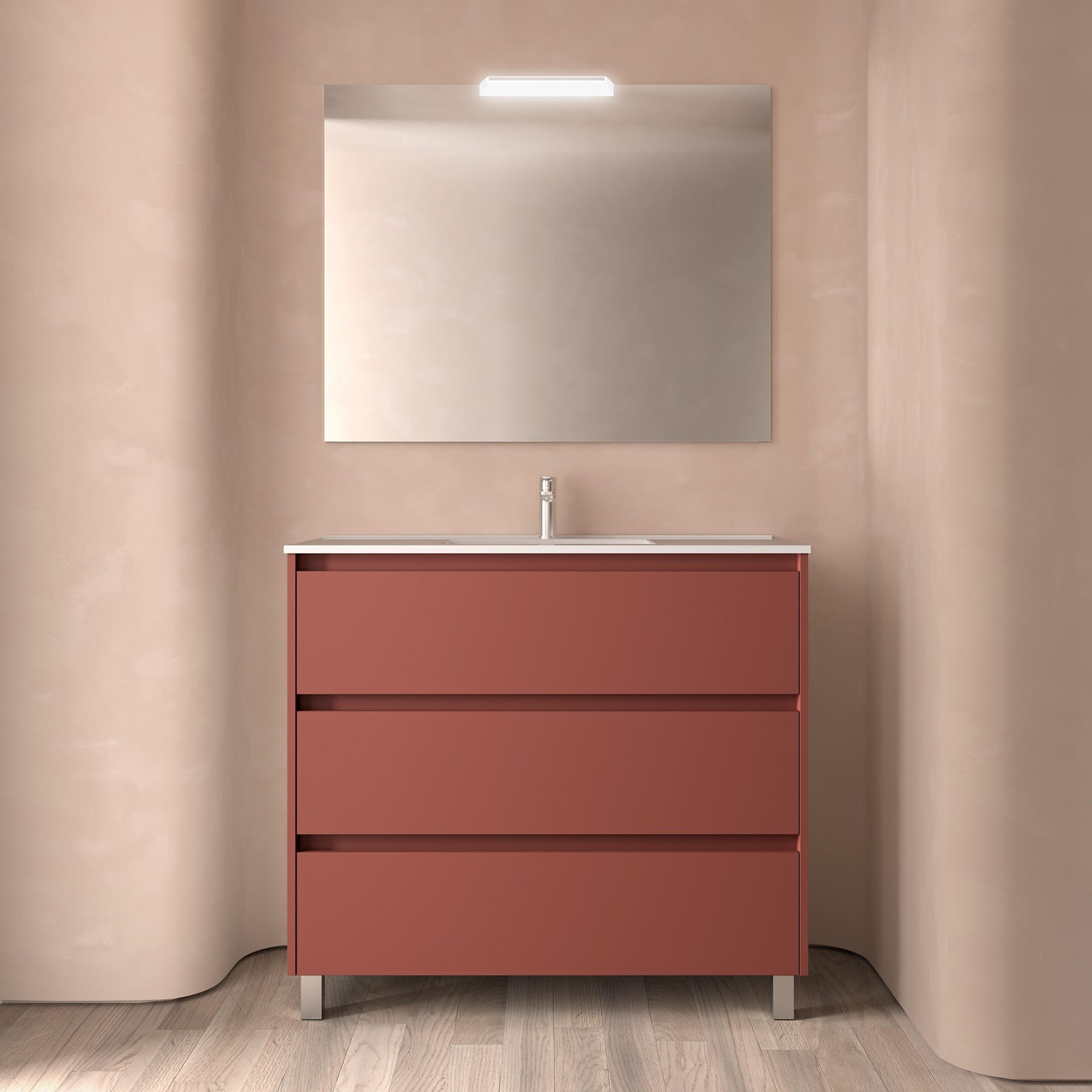 BADEZIMMERMÖBEL NOJA 1000 3 Schubladen RED SATIN + Waschtisch + Spiegel - Schwarz, Metall (45/81/100cm) - Salgar