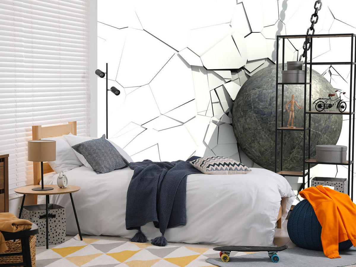 FOTOTAPETE für Büro Metallkugel Riss Weiße Wand 500x350 - Weiß/Grau, Papier (500/350cm) - Muralo