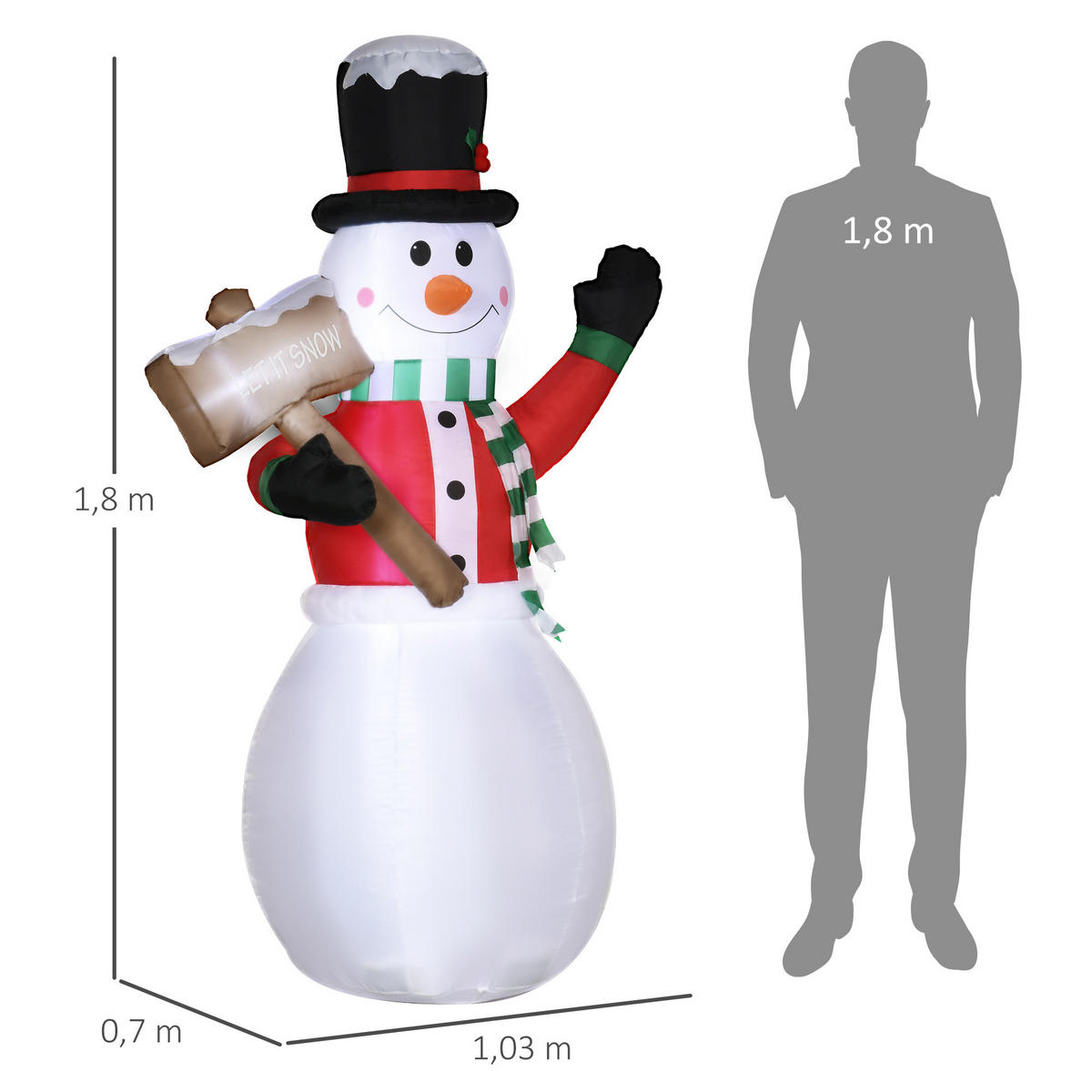 AUFBLASBARER Schneemann, Polyester-Stoff, Weiß - Weiß, Kunststoff (70/180/103cm) - Outsunny