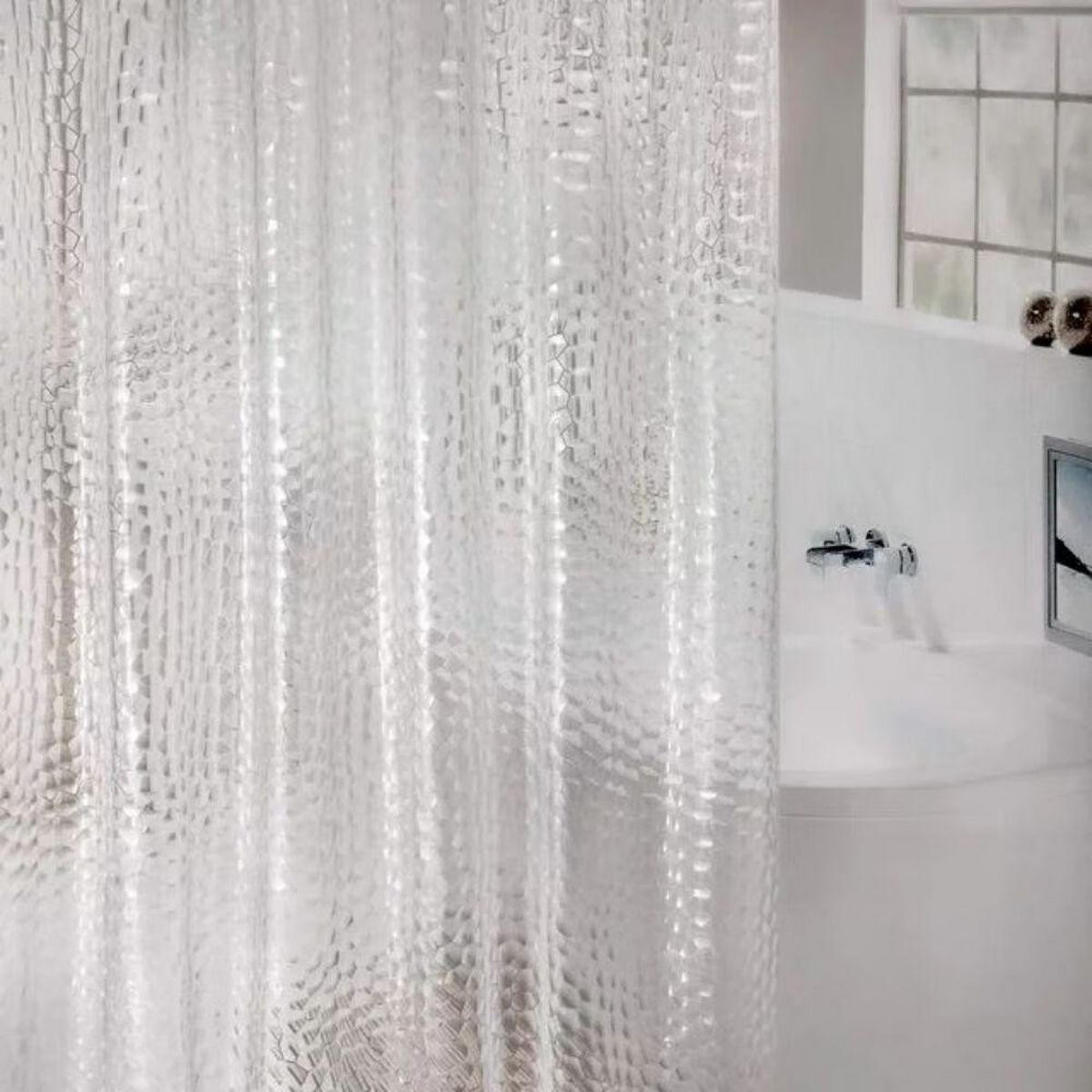 DUSCHVORHANG 72 x 78 cm transluzent 3D Wasserwürfel gefüttert mit Haken - Transparent, Kunststoff (72/78cm) - MCBOSON