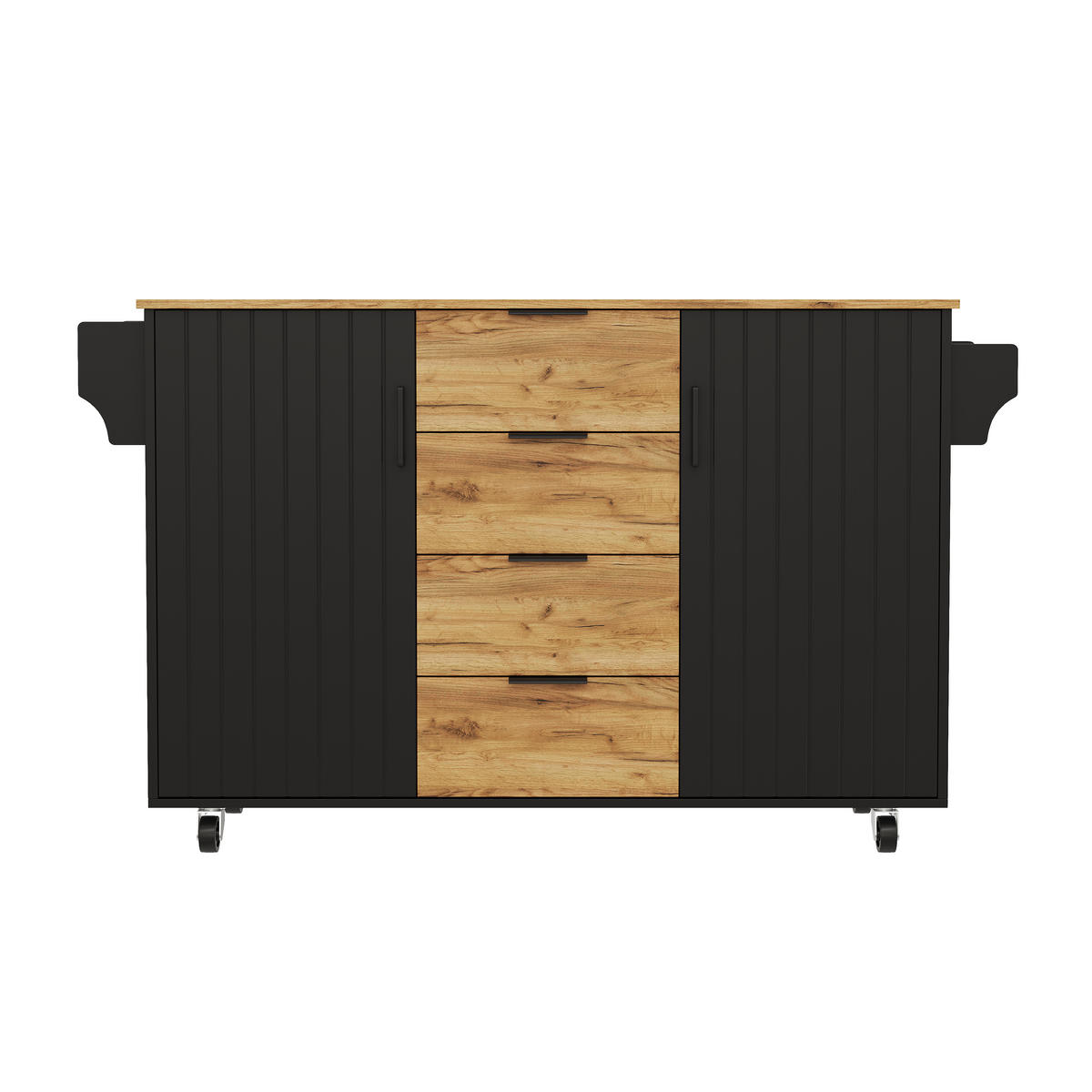 KÜCHENINSEL auf Rollen 120/45/90 cm Schwarz mit klappbarer Arbeitsplatte, 4 Schublade und Gewürzregal - Silberfarben/Schwarz, Holz/Holzwerkstoff (70/90/120cm) - Oxeza