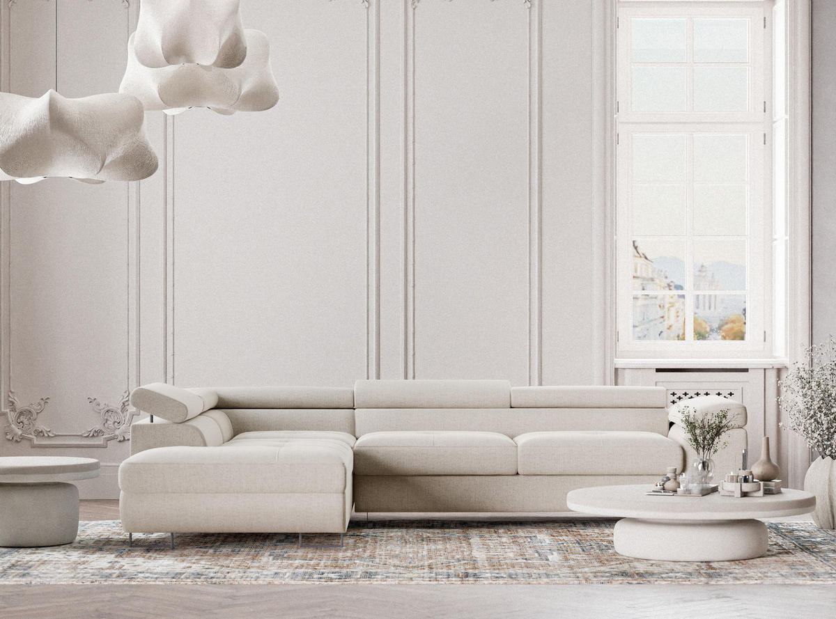 ECKSOFA Concord Hellbeige Webstoff - Links Seite - Creme/Schwarz, Holz/Holzwerkstoff (203/277cm) - Maison de Reve