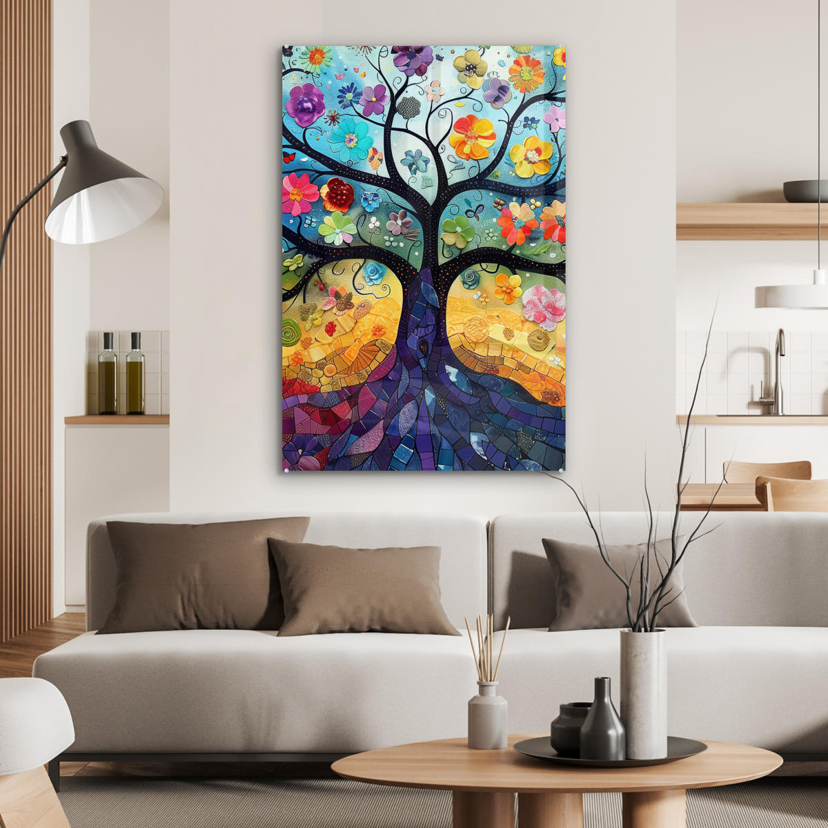 ACRYLGLASBILD Kunst - Baum des Lebens - Blumen - Hippie 60x90 cm - Dunkelblau, Glas (60/90cm) - MuchoWow