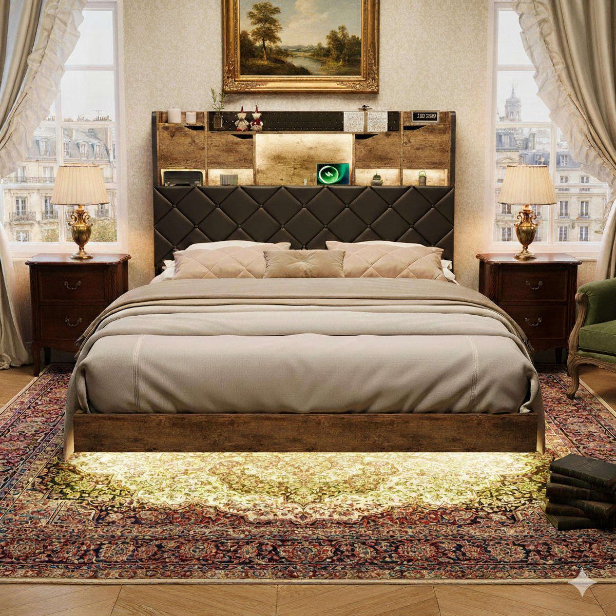 BETT 140x200 cm aus Massivholz, Schwebendes Design, Kopfteil mit Ablageregal und verstecktem Stauraum, LED-Beleuchtung, Lattenrost, - Natur - Naturfarben, Holzwerkstoff (140/200cm) - Brevoria