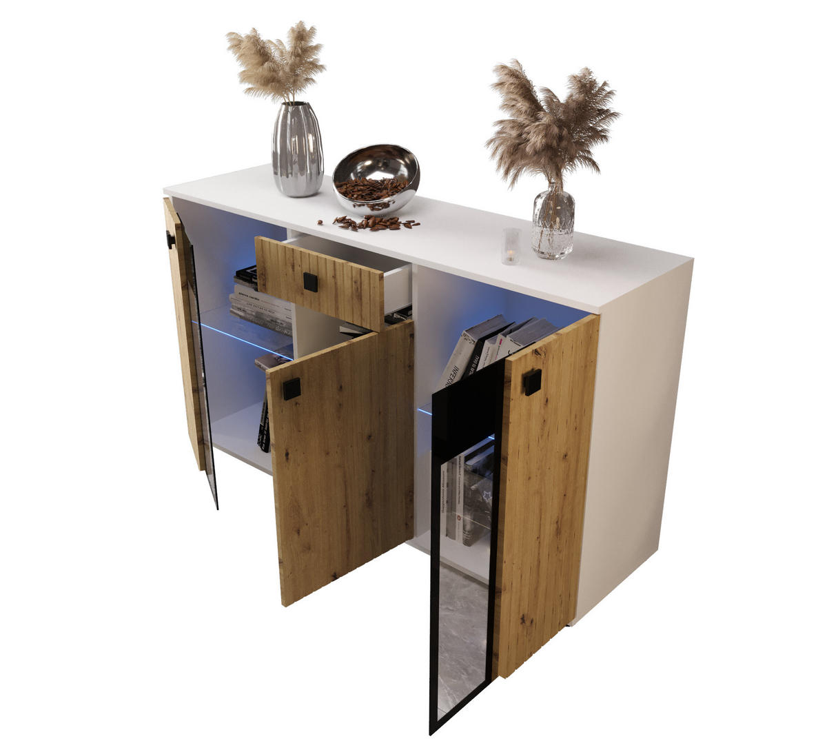 KOMMODE London LSMK LAMELE mit 3 Türen, Sideboard in Farbe: Braun|Weiß, Größe: 140 x 80 x 40 cm - Braun/Weiß, Holzwerkstoff (140/80/40cm) - O-Sofa