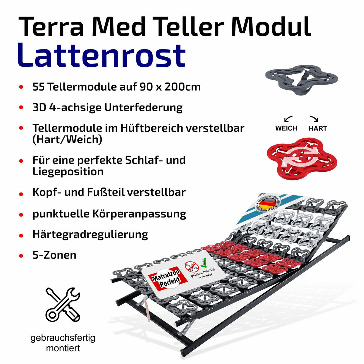 TELLER-LATTENROST manuell Verstellbar TerraMed T-Flex 140x200 cm 12,5 cm Hoch 5-Zonen - Anthrazit/Schwarz, Holz (140/200cm) - Matratzen Perfekt
