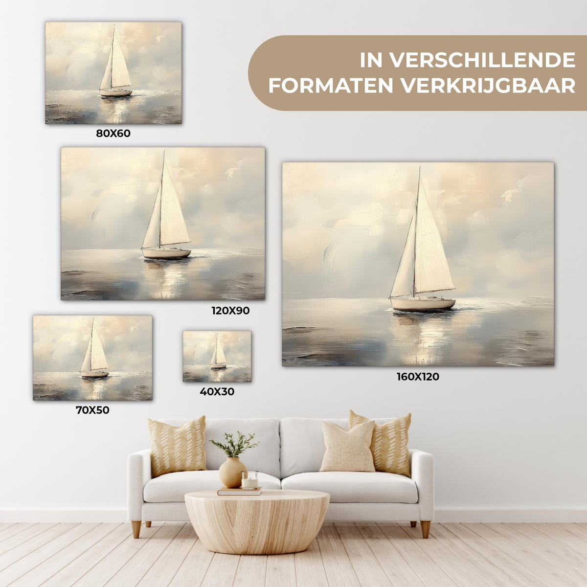 LEINWANDBILD Segelschiff - Meer - Bewölkt Wandbild 40x30 cm - Creme, Textil (40/30cm) - MuchoWow