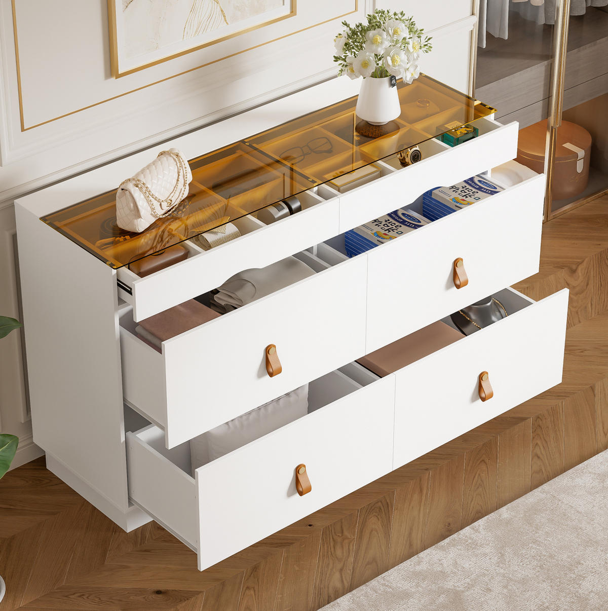 KOMMODE 120/40/78 cm mit 6 Schubladen, Glasplatte, Facheinteilung und Kippsicherung, Weiß - Weiß, Glas (120/78/40cm) - Redom
