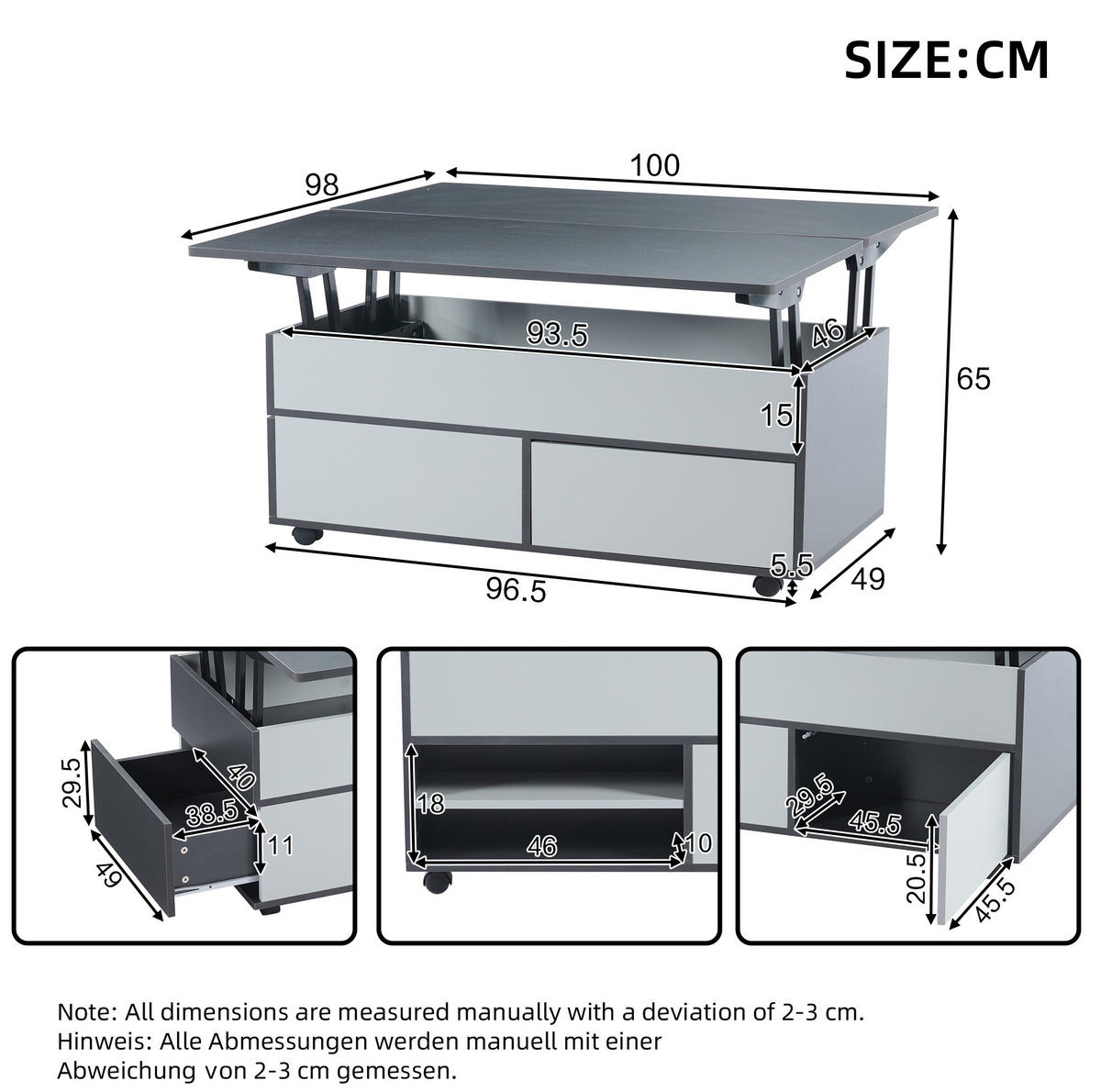 KONFERENČNÍ stolek 100/98/65 cm šedobílý z dřevotřísky s hydraulickým zdvihem a úložným prostorem - šedá, kompozitní dřevo (100/98/65cm) - OKWISH