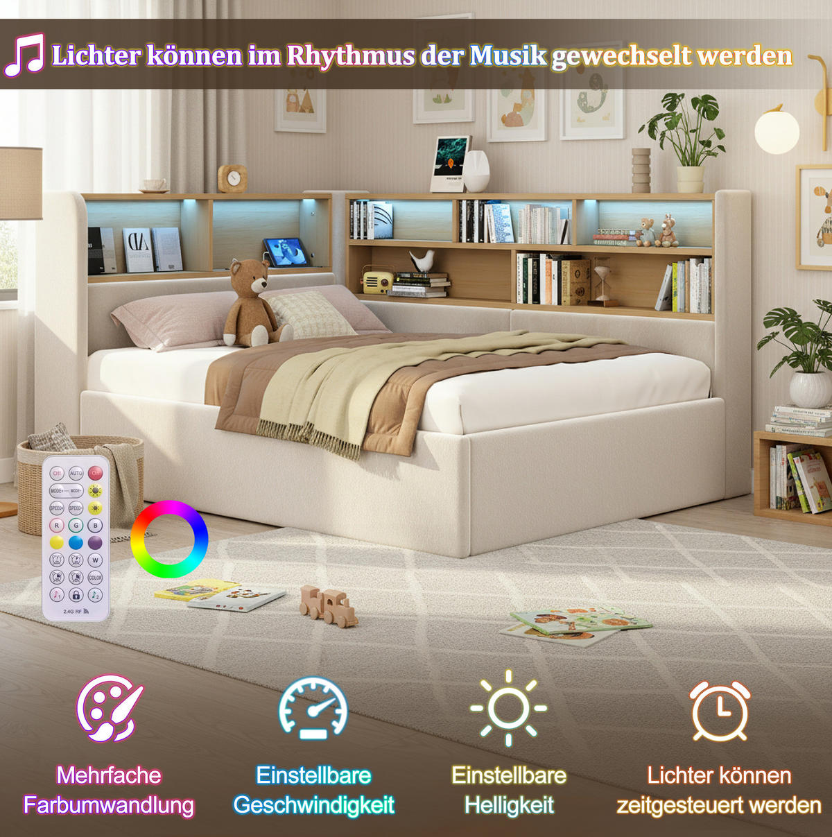 DENNÁ posteľ 90/200 cm béžová zo zamatu s hydraulickým úložným priestorom, LED osvetlením a USB nabíjaním - béžová, textil (90/200cm) - OKWISH