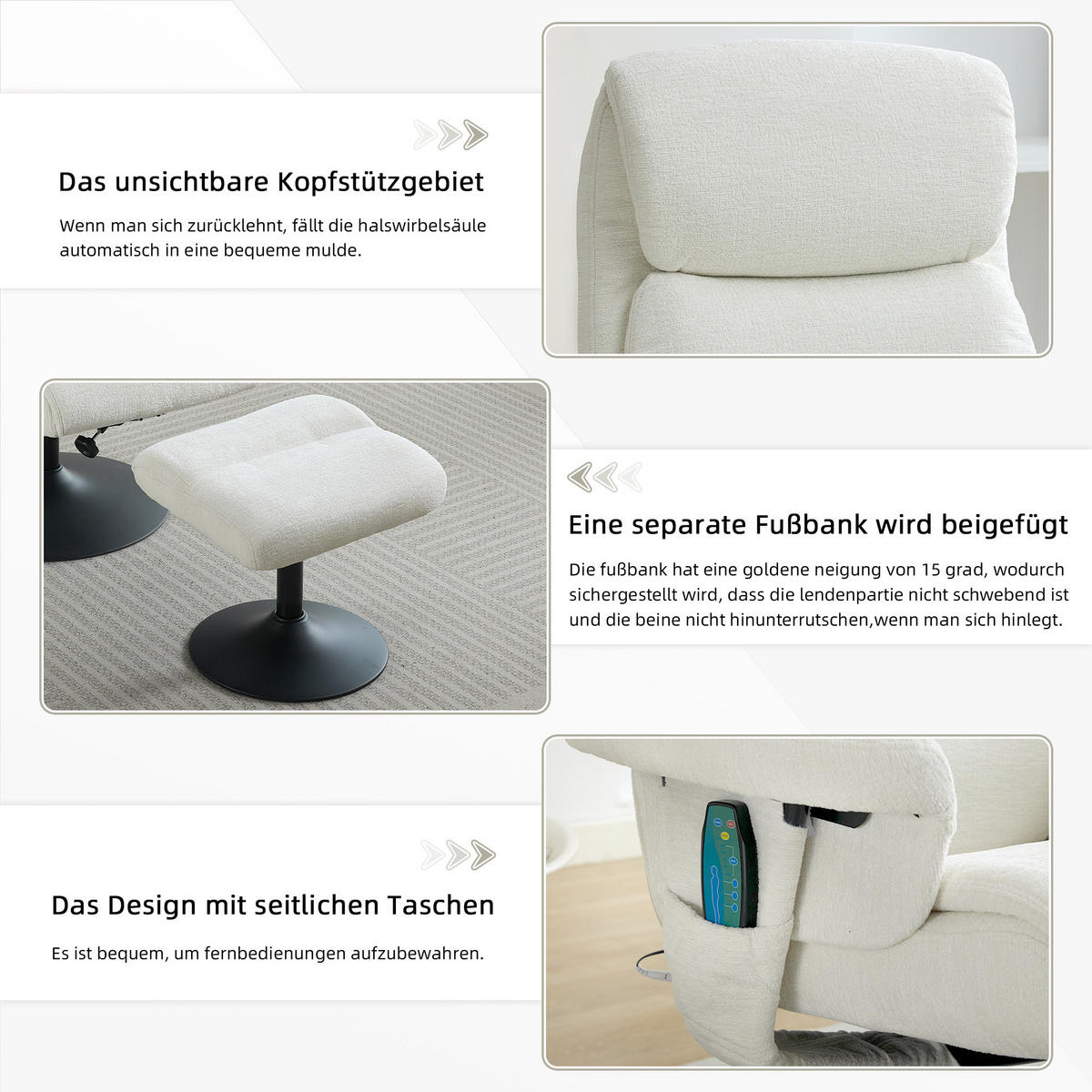 RELAXSESSEL Chenille Weiß mit Massagefunktion, Heizfunktion und Hocker - Weiß, Textil/Metall (50/94/98cm) - WISHDOR