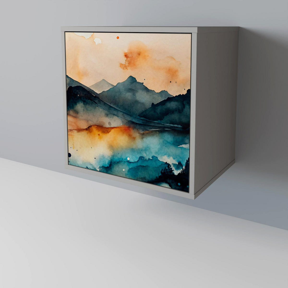SIDEBOARD OMINOUS MOUNTAINS, Grau, 57,5x42x70,5 cm, Schwarze Metall-Sternfüße - Multicolor/Schwarz, Holzwerkstoff/Metall (57.5/70.5/42cm) - SpaceRebels