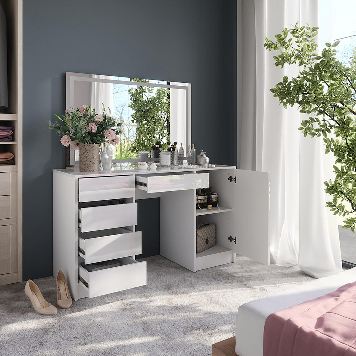 SCHMINKTISCH Sherry Weiß/Weiß Hochglanz 128.2 cm mit LED-Spiegel - Weiß Hochglanz, Holzwerkstoff (128.2/76/50.1cm) - Vicco