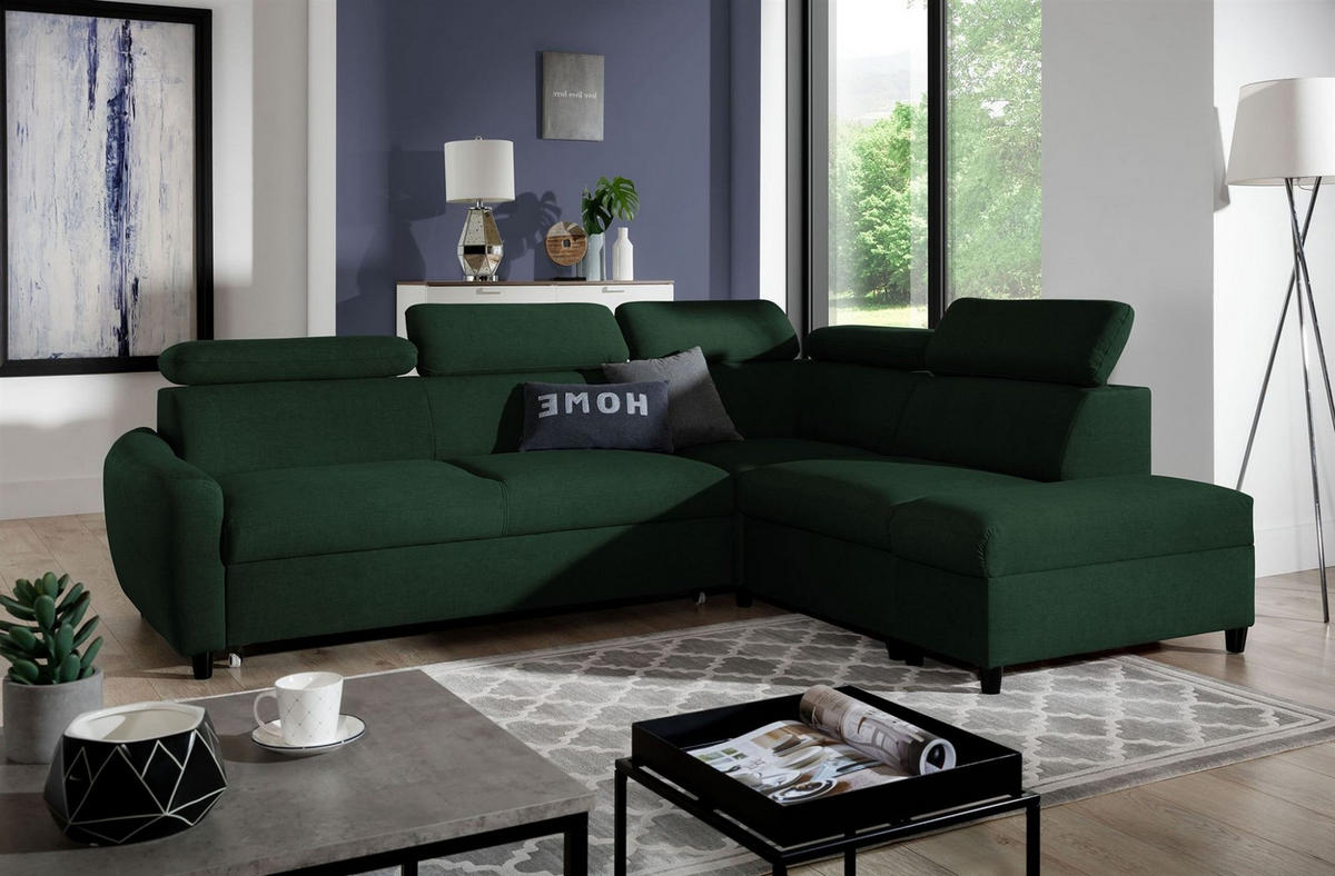 ECKSOFA Schlafsofa Anton In Esito - Dunkelgrün, Holzwerkstoff/Textil (265/205cm) - Fun Möbel