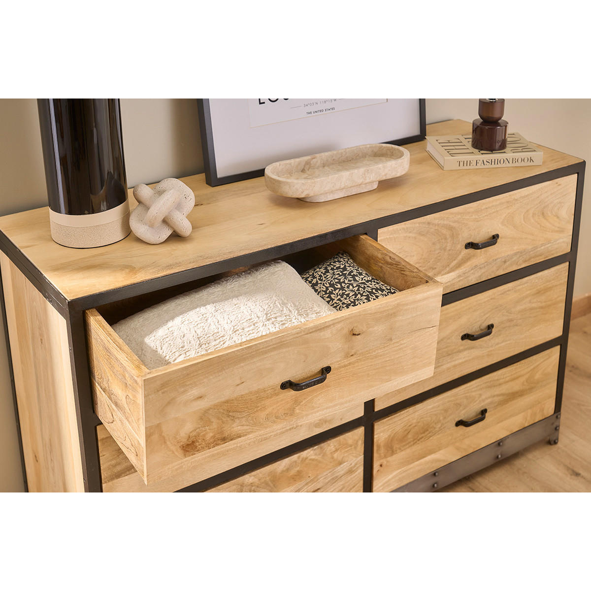 KOMMODE 6 Schubladen Holz Metall INDUSTRIA - Dunkelbraun, Holz (45/80/130cm) - Miliboo