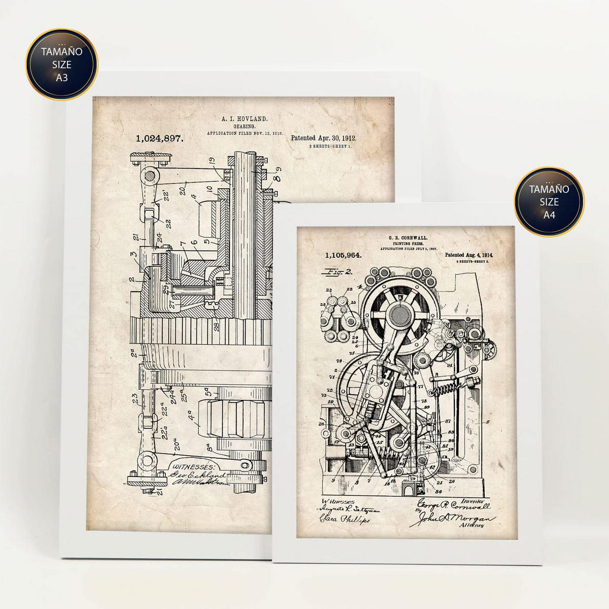 POSTER Set Mit 6 Plakaten Mit Maschinen Patenten Im Vintage Stil A3 & A4 Weißer Rahmen - Weiß, Papier (29/3cm) - Nacnic