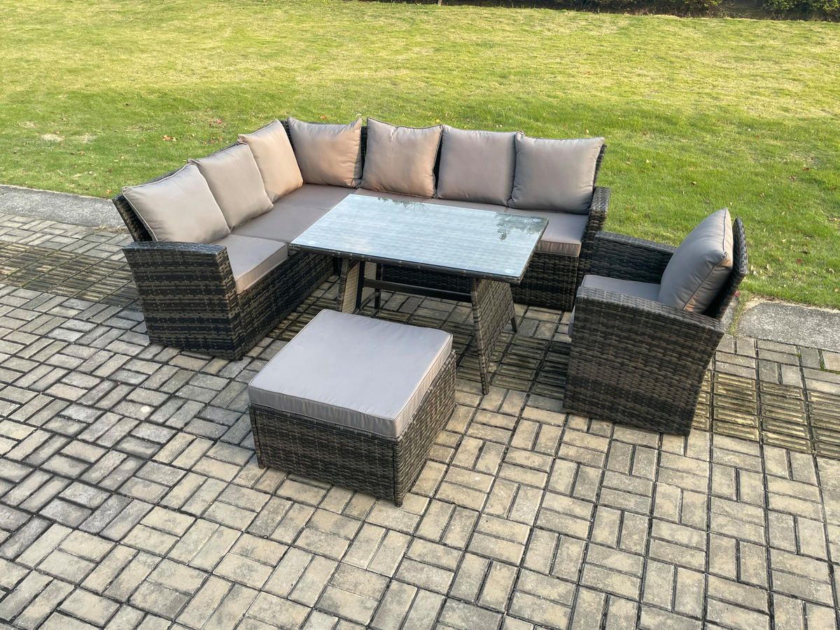 GARTENLOUNGE mit Ecksofa Polyrattan Dunkelgrau 8-Sitzer - Dunkelgrau/Grau, Glas/Kunststoff - Fimous