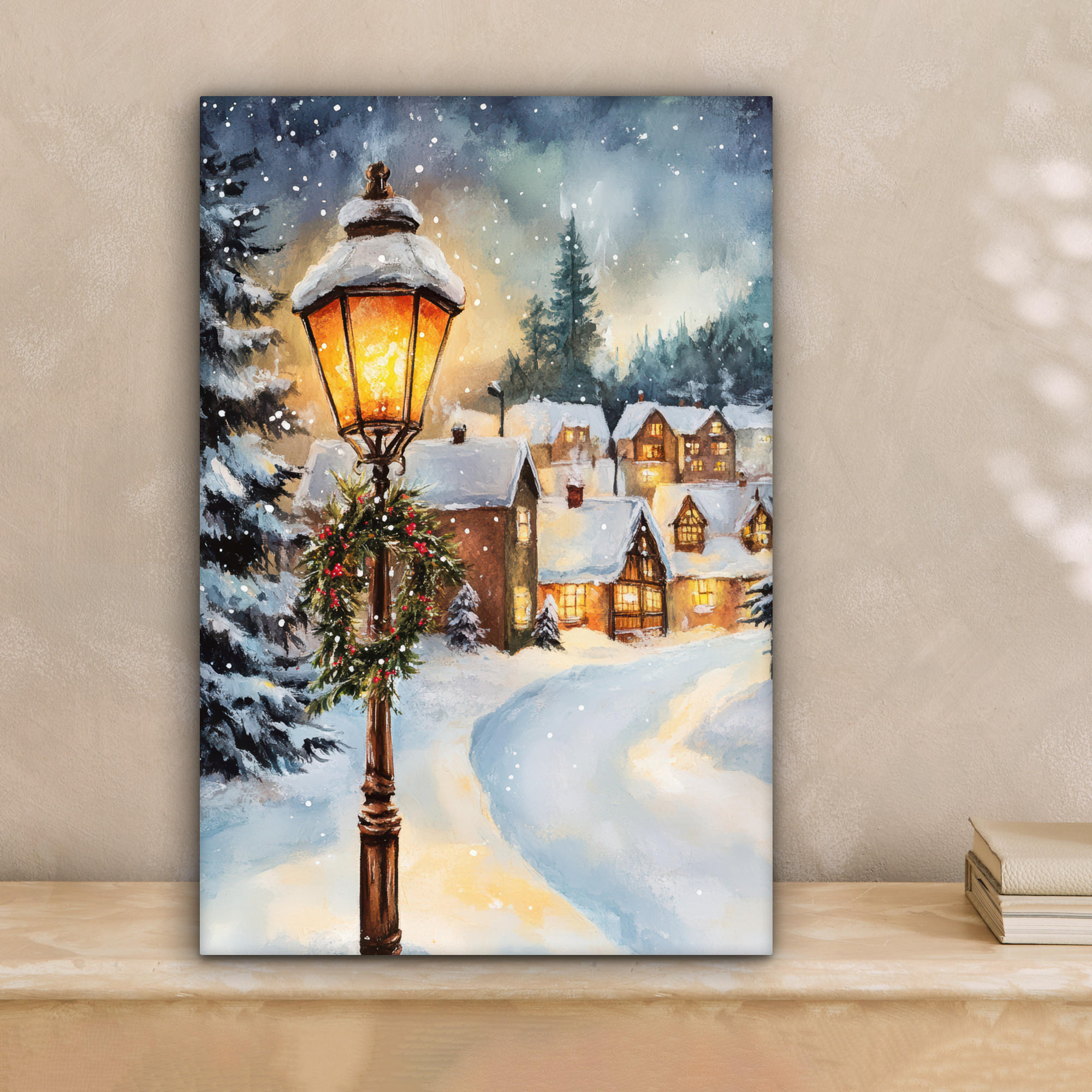 LEINWANDBILD Weihnachtsdorf - Häuser - Schnee - Weihnachten 20x30 cm - Sandfarben, Textil (20/30cm) - MuchoWow